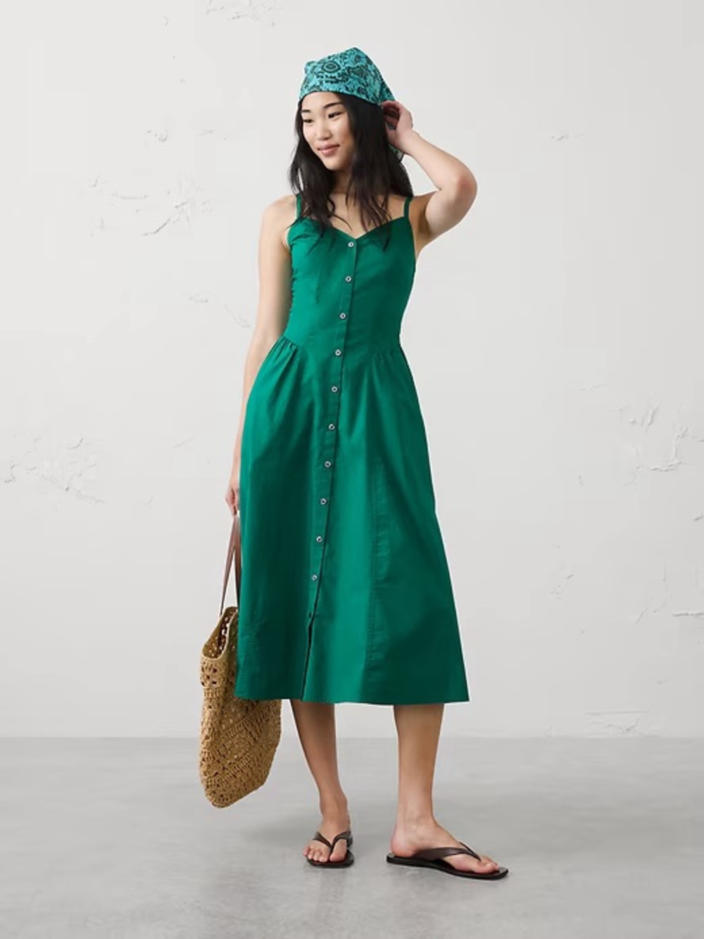 NWT! BANANA REPUBLIC EMERALD SHIRRED-HIP MIDI DRESS - SIZE MEDIUM 🎈2️⃣